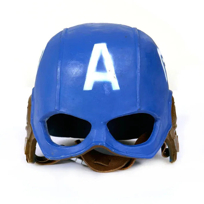 Winged design and metallic accents close-up on Captain America helmet