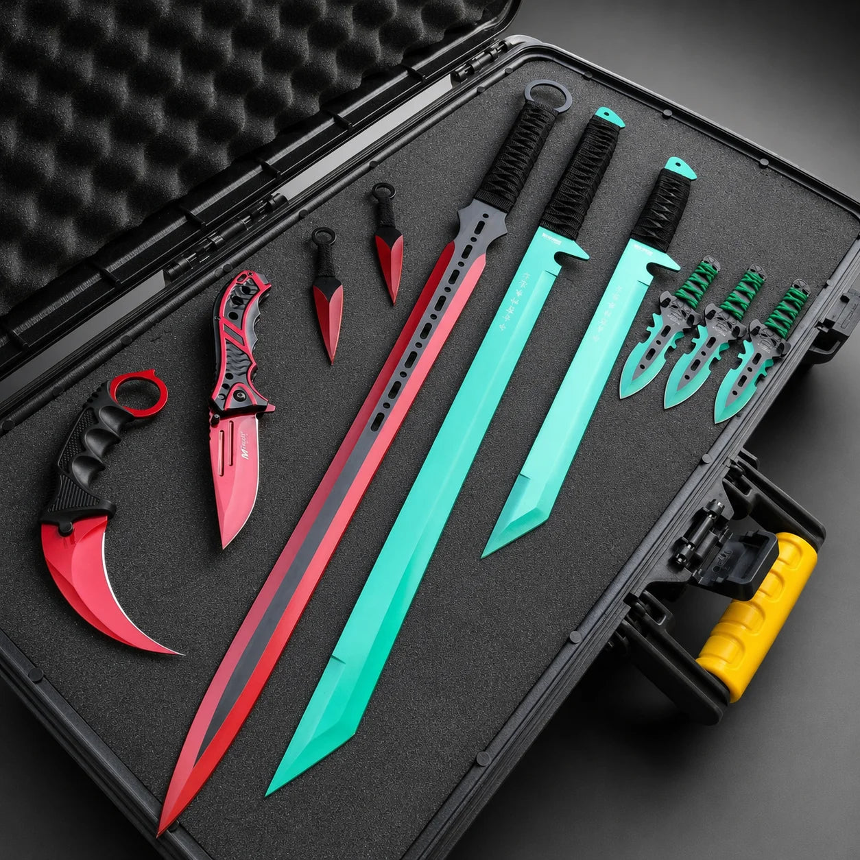 Christmas sword set 10-piece holiday display prop collectible in red, black and teal arranged on a dark textured backdrop