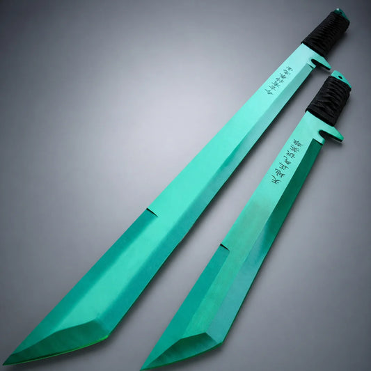 Teal Christmas fantasy sword pair display prop collectible with black wrapped handles and decorative script detailing