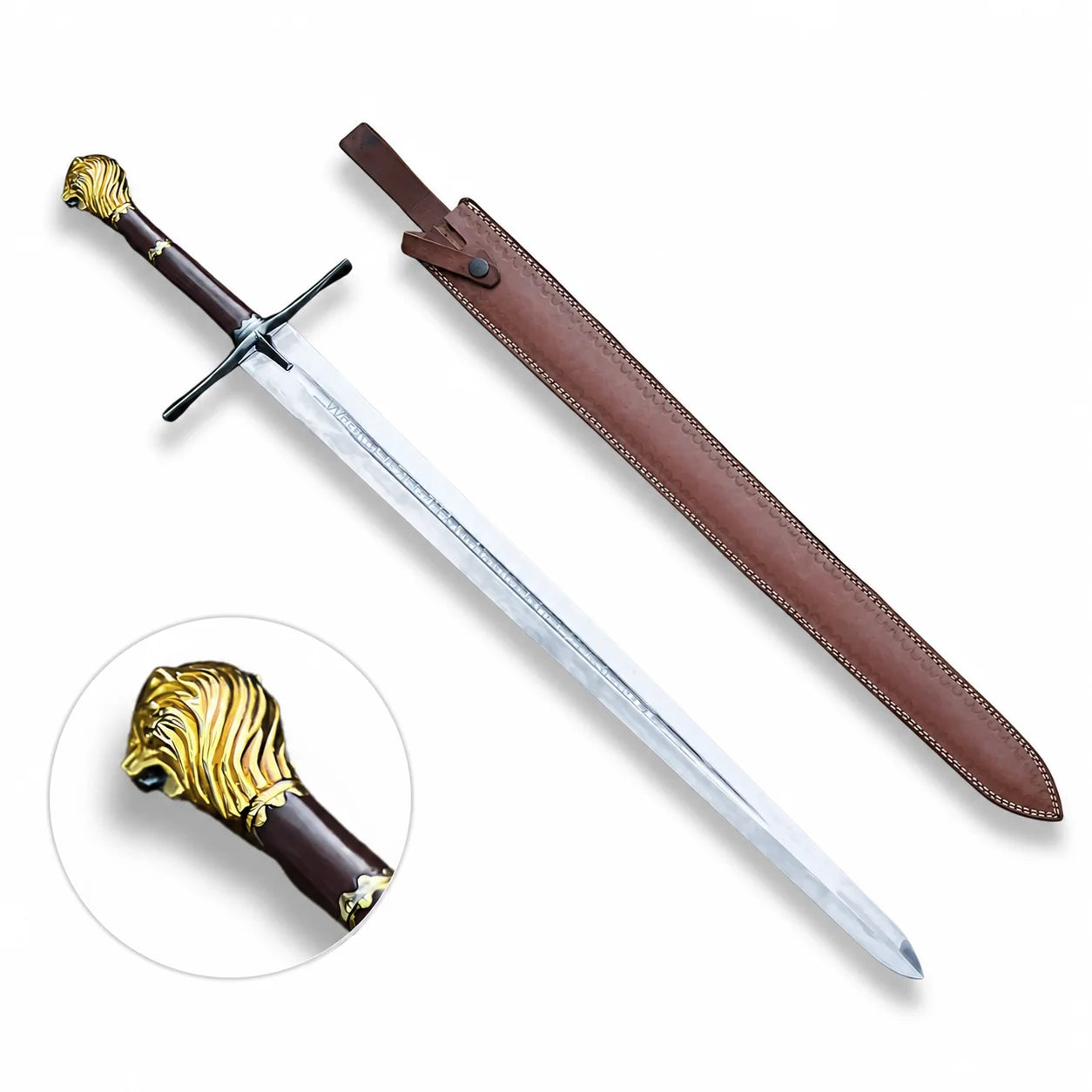 German Executioner Medieval Sword prop replica full view resting on mossy forest rock – historical collectible