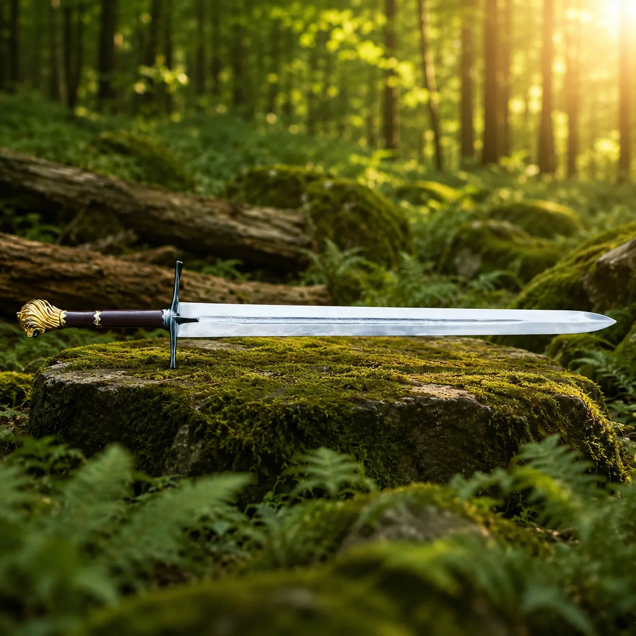 German Executioner Medieval Sword display collectible standing upright in forest setting – fantasy prop replica