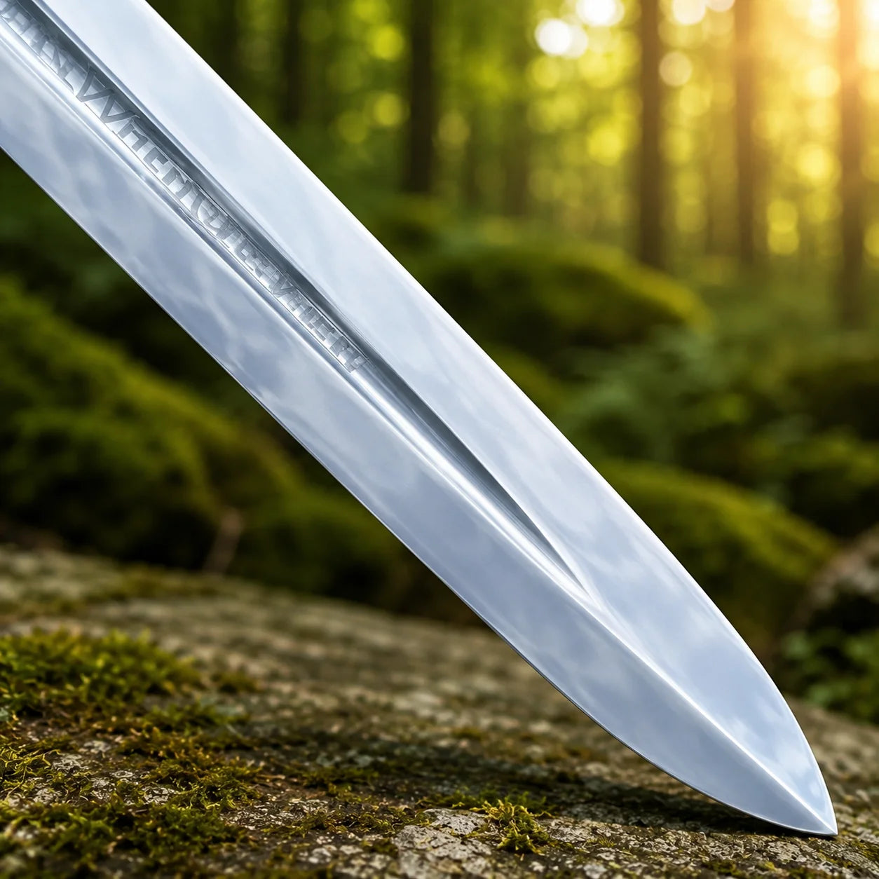 German Executioner Medieval Sword prop replica flat lay on mossy rock – medieval history fan collectible