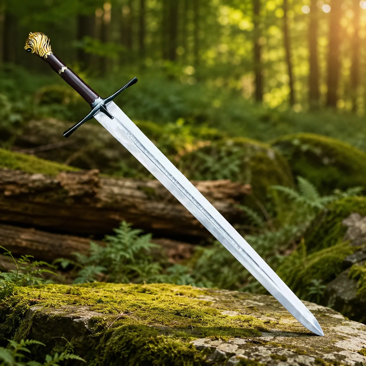 German Executioner Medieval Sword prop replica angled in sunlit forest – premium medieval display collectible