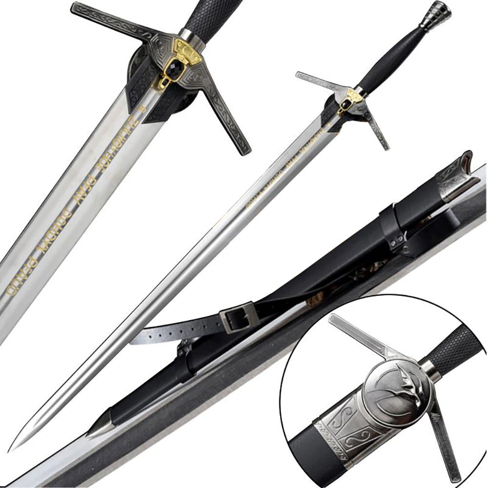 Close-up of Ciri Swallow Sword showing the leather-wrapped handle, decorative guard, and polished blade finish