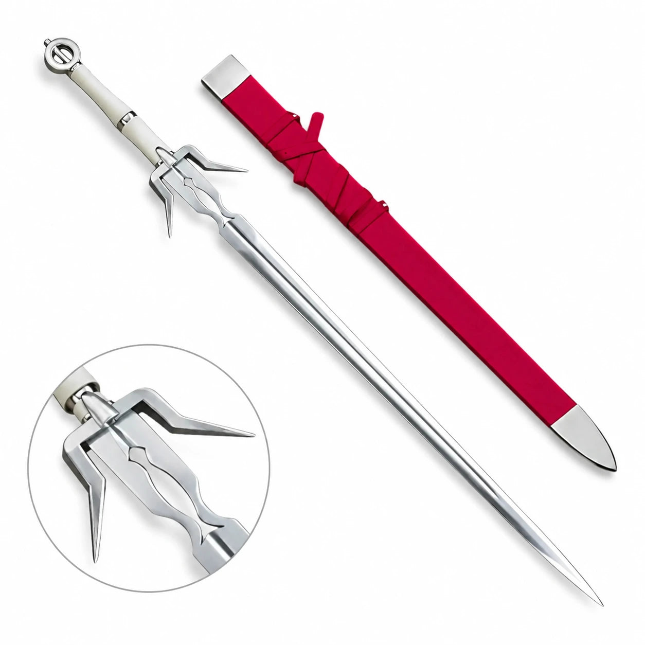 Ciri Zireael sword prop replica Red Edition full length on mossy rock with free red scabbard showing polished silver blade central fuller groove ornate angular crossguard pointed quillon spikes smooth ivory cream grip silver collar ring and silver ring pommel – Witcher display collectible