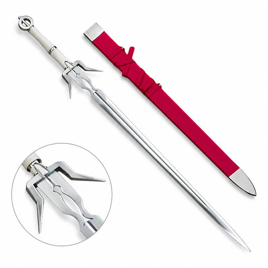Ciri Zireael sword prop replica Red Edition full length on mossy rock with free red scabbard showing polished silver blade central fuller groove ornate angular crossguard pointed quillon spikes smooth ivory cream grip silver collar ring and silver ring pommel – Witcher display collectible