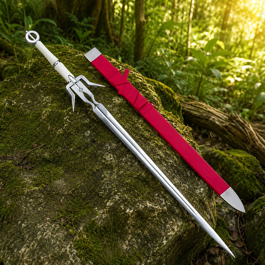 Ciri Zireael sword prop replica Red Edition full length diagonal on mossy fallen log in sunlit green forest showing complete polished silver blade with central fuller groove ornate angular crossguard pointed quillon spikes and smooth ivory cream grip – The Witcher fan gift