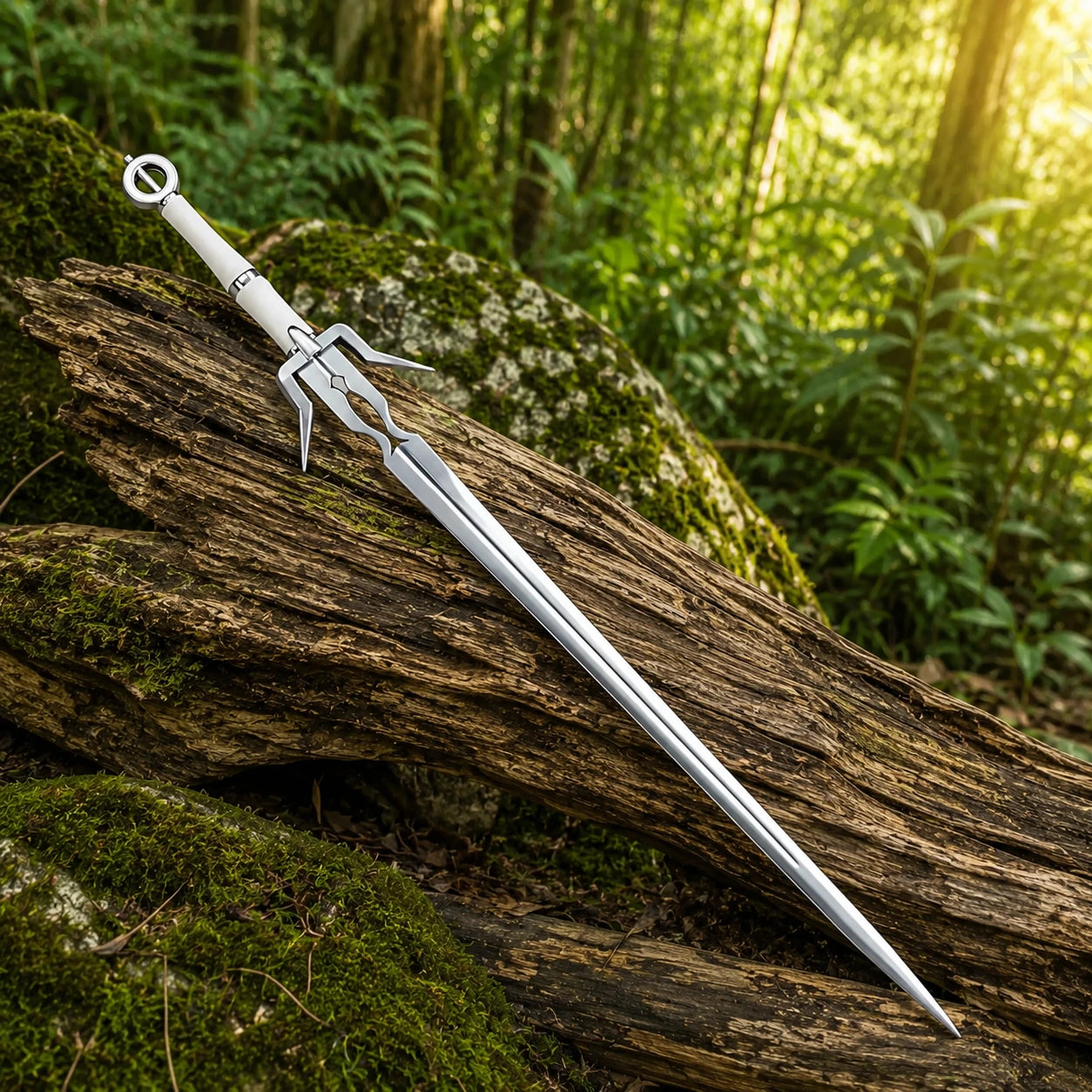 Ciri Zireael sword prop replica Red Edition close-up macro of smooth ivory cream grip with silver collar ring silver ring pommel with internal cross bar detail and ornate angular crossguard with pointed quillon spikes on mossy rock in sunlit forest – Witcher 3 Ciri collectible