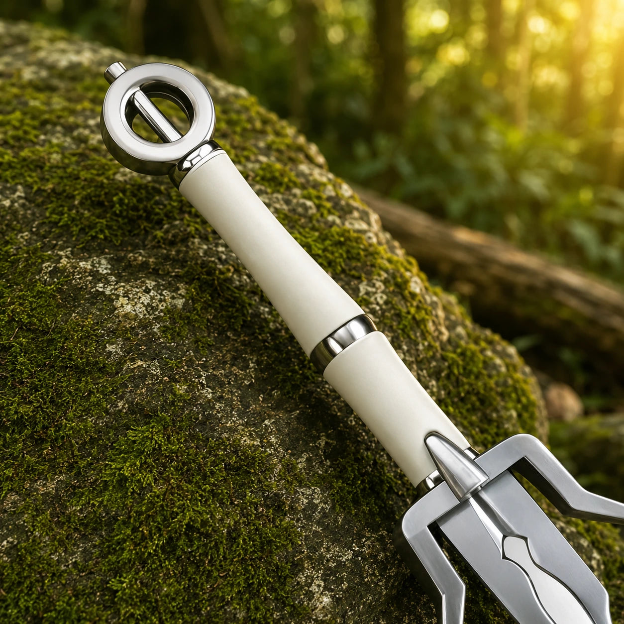Ciri Zireael sword prop replica Red Edition close-up macro of polished silver blade with central fuller groove diagonal across mossy rocks against warm golden sunlit green forest bokeh background – Lion Cub of Cintra sword display collectible