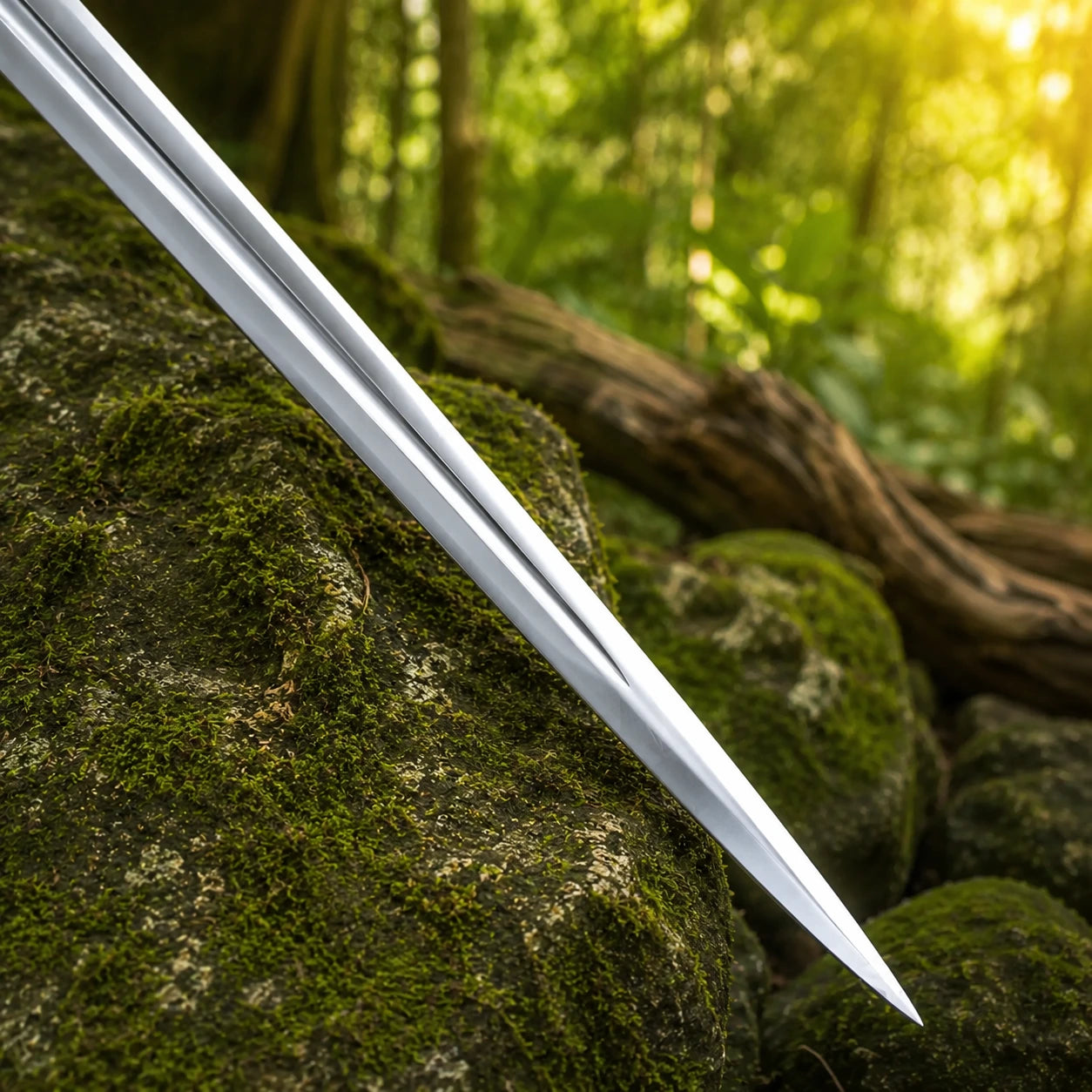 Ciri Zireael sword prop replica Red Edition full length horizontal on mossy fallen logs in sunlit green forest side profile hero shot showing complete polished silver blade central fuller groove ornate angular crossguard pointed quillon spikes and silver ring pommel – Witcher fan gift