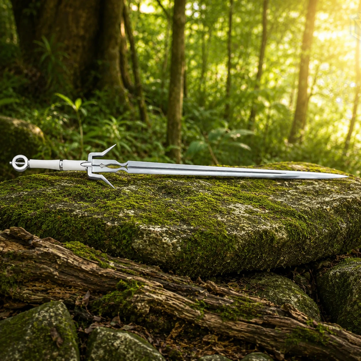 Ciri Zireael sword prop replica Red Edition held in gloved hand upright in sunlit green forest showing full polished silver blade with central fuller groove highly distinctive ornate angular silver crossguard with pointed quillon spikes smooth ivory cream grip and silver ring pommel – Witcher cosplay prop
