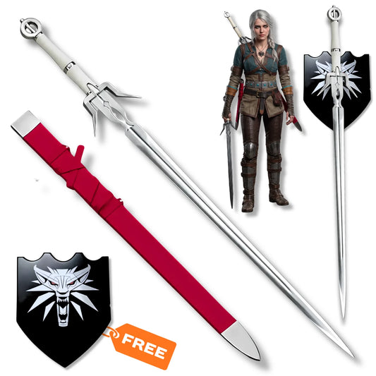 Ciri Zireael sword prop replica with white handle, red scabbard and Witcher wolf wall display plaque – Red Edition collectible
