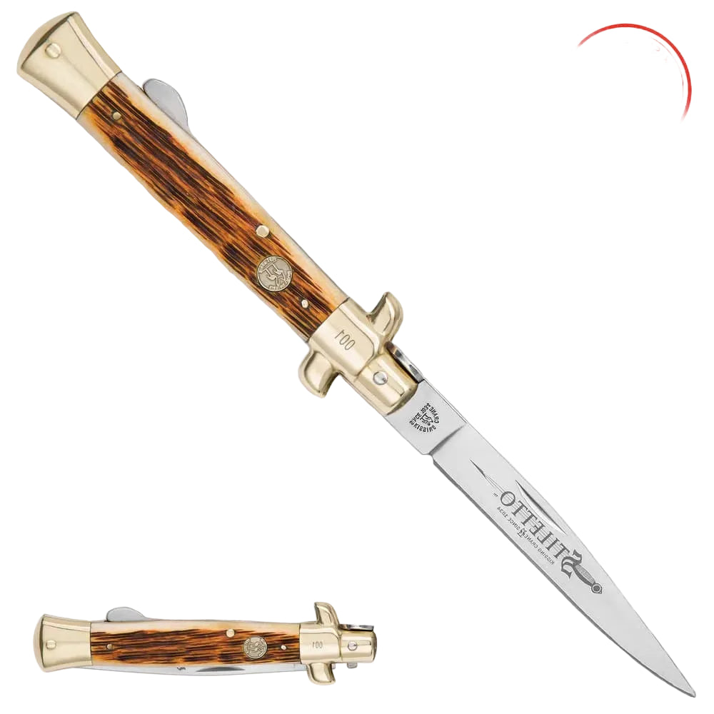 Classic amber bone stiletto pocket knife closed with jigged bone handle and brass bolsters