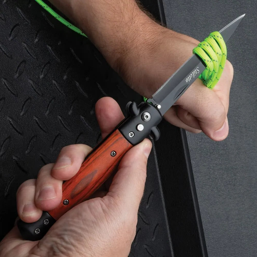 Classic gangster automatic stiletto pocket knife closed with wood inlay handle and stainless steel construction