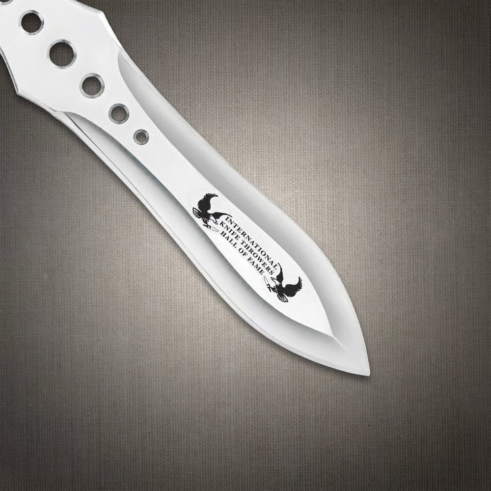 Gil Hibben Hall of Fame throwing knife set with leather belt sheath and target