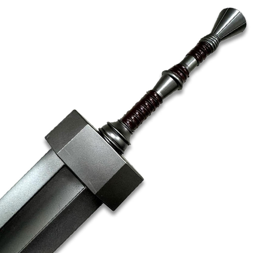 Close-up of Guts greatsword square guard and wrapped handle – Berserk foam display prop