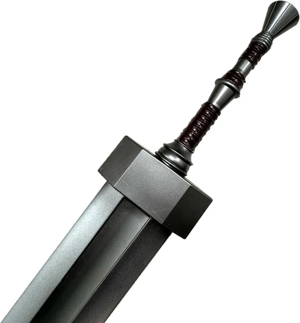 Close-up of Guts greatsword square guard and wrapped handle – Berserk foam display prop