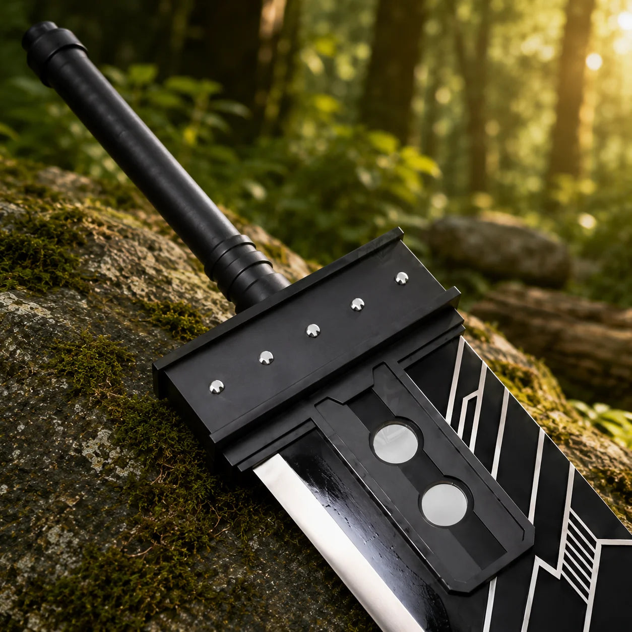 Cloud Strife Buster Sword FF7 Premium Replica - held by gloved hand in forest setting with sunlight