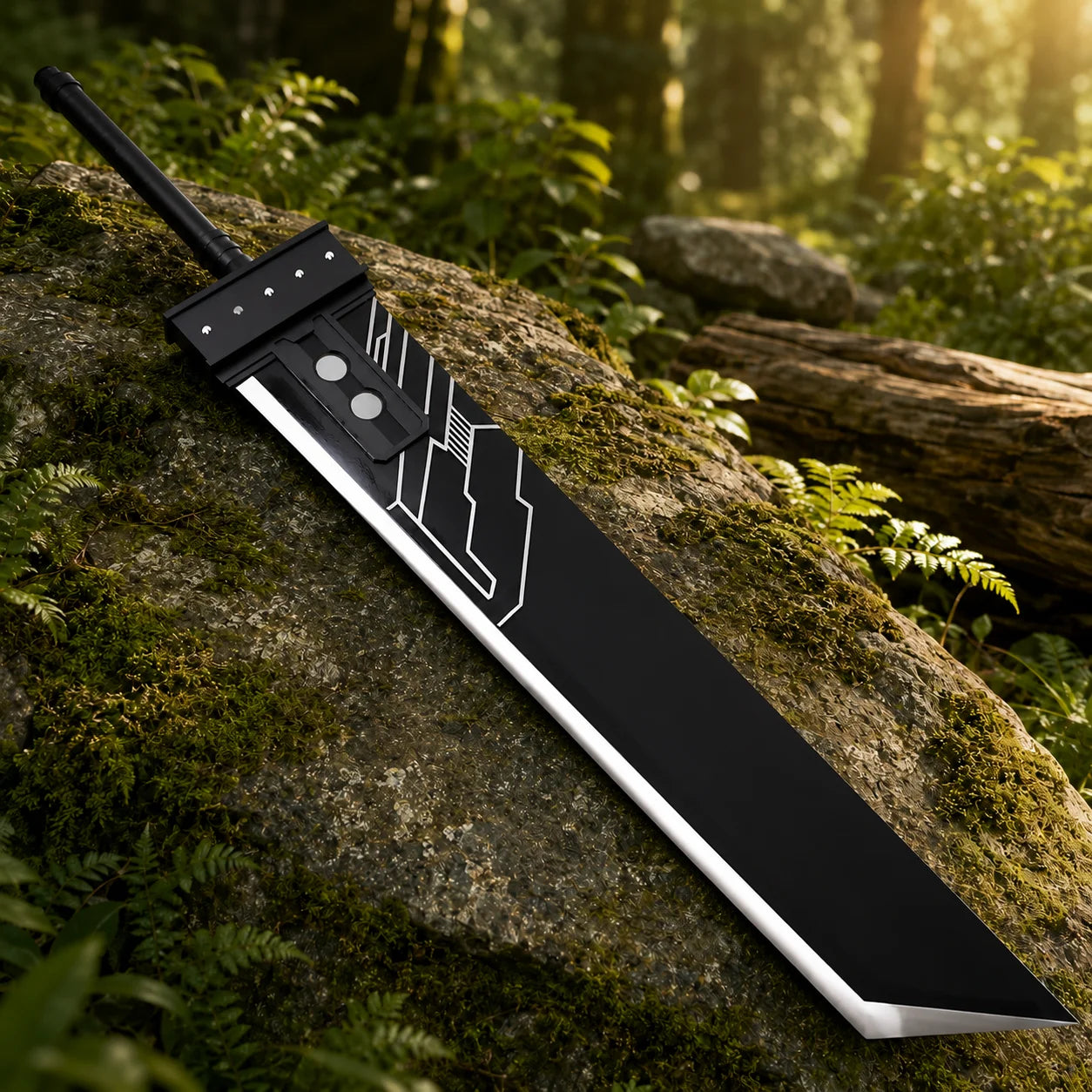 Cloud Strife Buster Sword FF7 Premium Replica - resting on mossy rock, angled side view showing blade detail