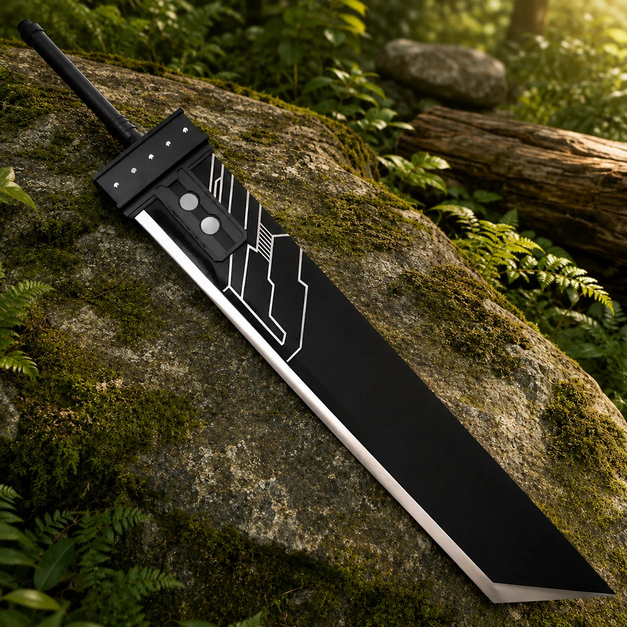 Cloud Strife Buster Sword FF7 Premium Replica - close-up of handle, crossguard, rivets and materia slots