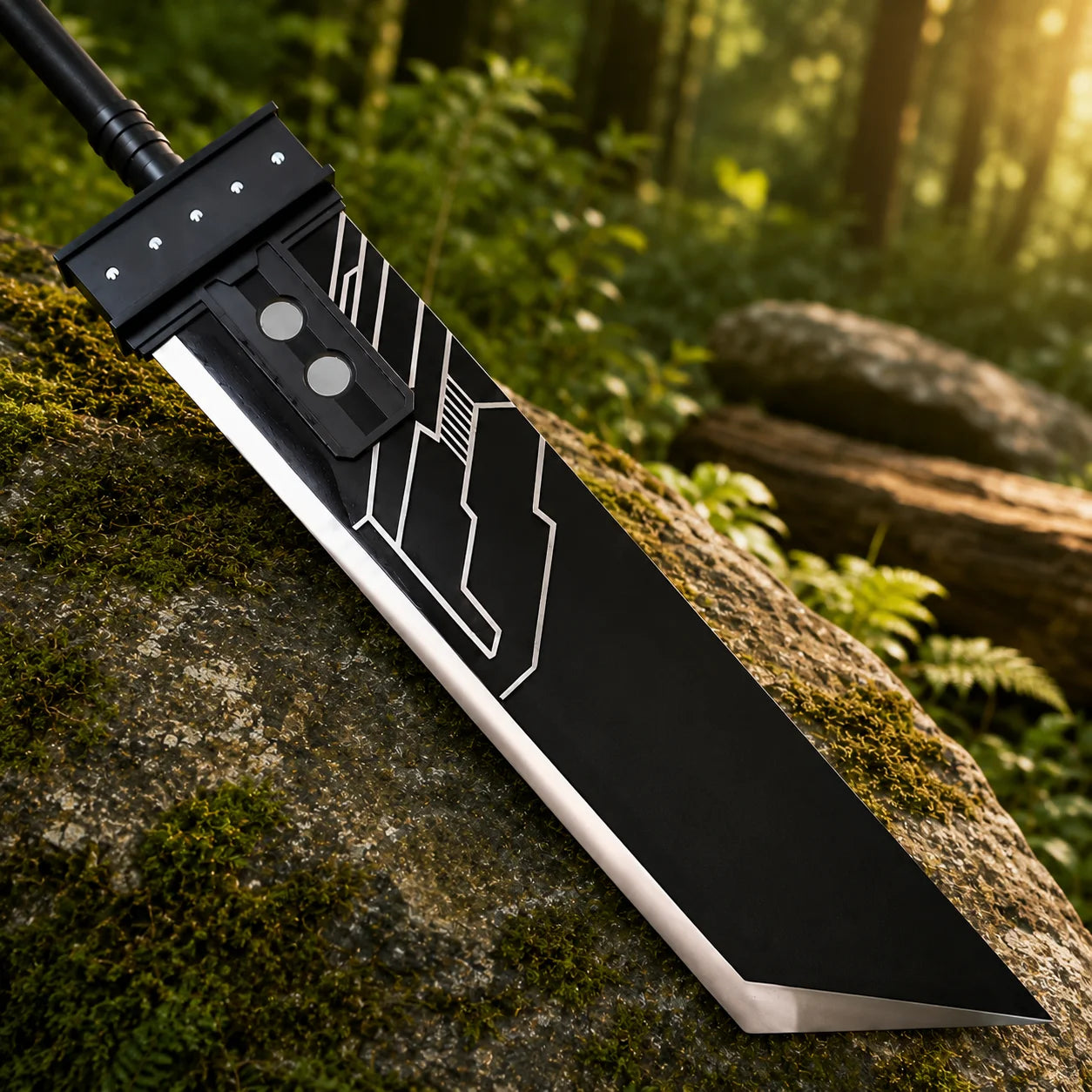 Cloud Strife Buster Sword FF7 Premium Replica - side display view on mossy rock with lush forest background