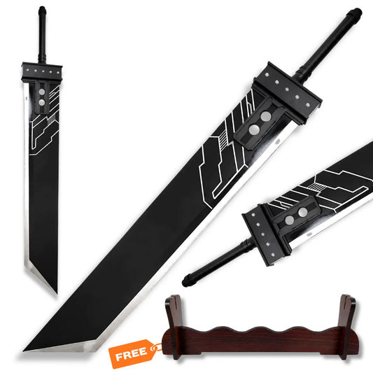 Cloud Strife Buster Sword FF7 prop replica with black blade, silver detailing, black handle and wooden display stand