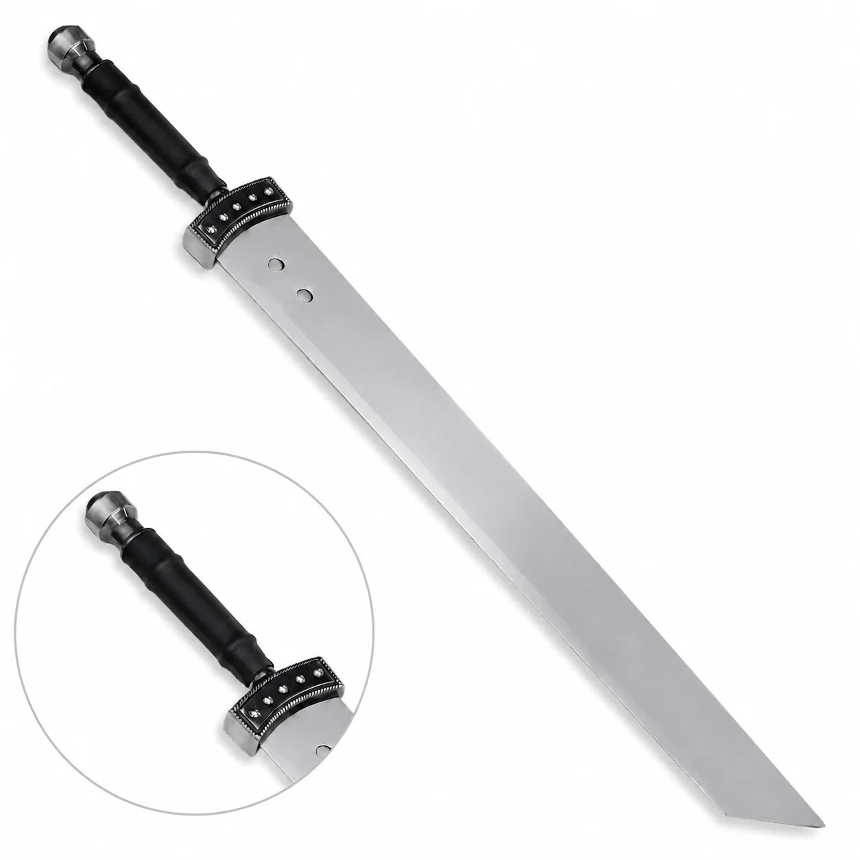 Cloud Strife Buster Sword prop replica handle close-up with decorative guard Final Fantasy VII collectible