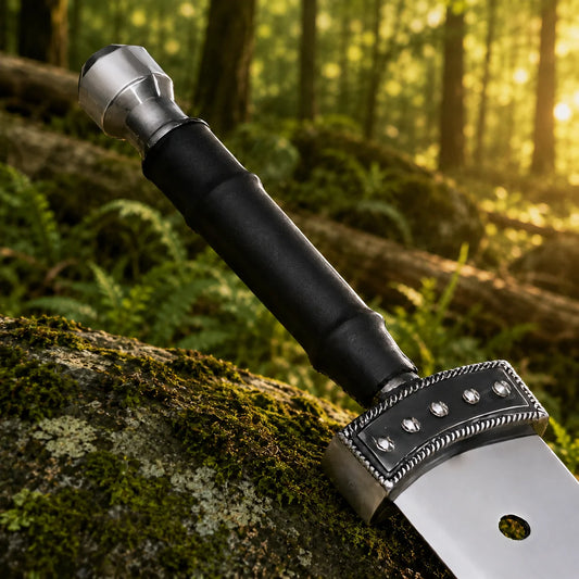 FF7 Buster Sword fan-inspired prop replica held in forest display cosplay accessory Final Fantasy