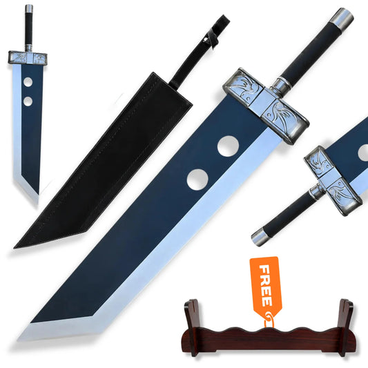 Cloud Strife Buster Sword FFVII prop replica with dark blade, two Materia holes, black handle, sheath and wooden display stand