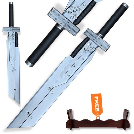 Cloud Strife Fusion Buster Sword prop replica with detailed silver multi-piece blade, black wrapped handle and wooden display stand