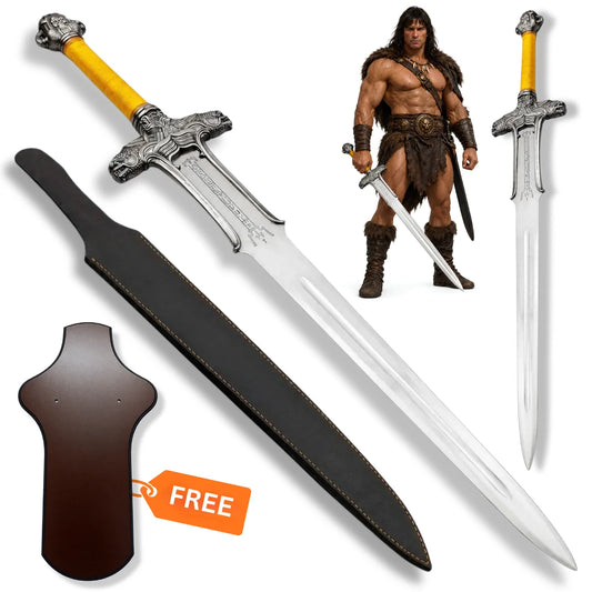 Conan Atlantean sword prop replica with engraved silver blade, red wrapped handle, dark scabbard and display plaque