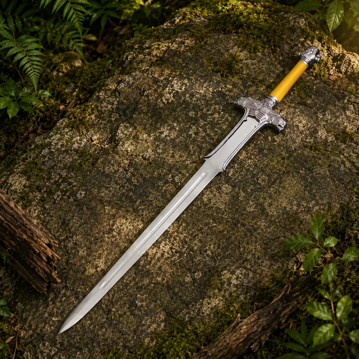 Conan Atlantean Sword Conan display replica collectible with metallic silver and bronze fantasy styling, detailed handle design, decorative display appeal, cosplay prop use, and collector room decor