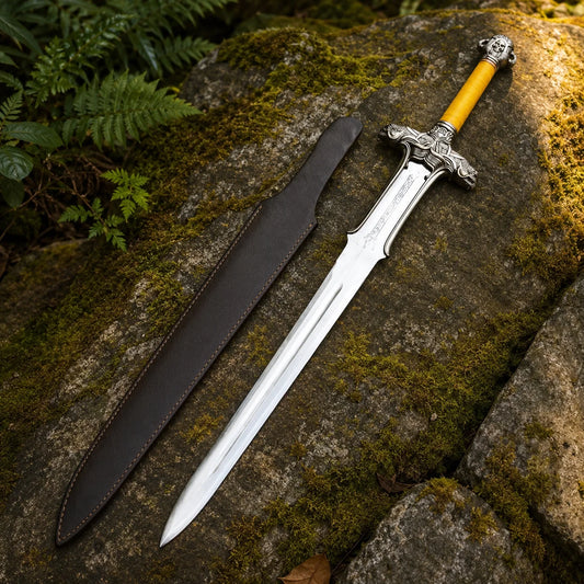 Conan Atlantean sword prop replica full length on mossy rock in sunlit forest showing complete polished silver blade with central fuller groove runic engravings ornate silver dragon crossguard yellow cord grip and skull pommel – Conan Barbarian fan gift