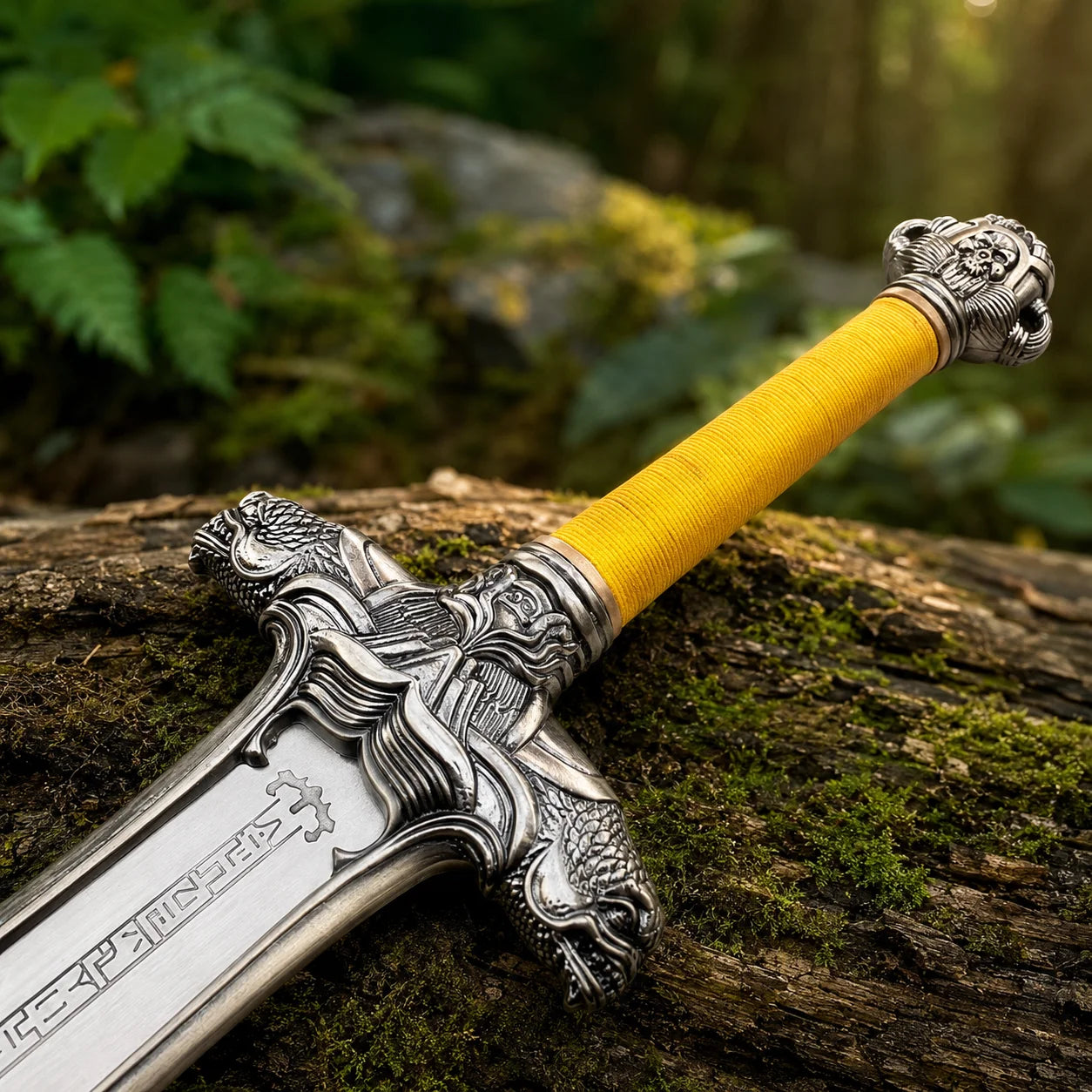 Conan Atlantean sword prop replica close-up of polished silver blade base with deep central fuller groove and runic ancient script engravings near ornate dragon crossguard in sunlit forest – Conan Barbarian display collectible