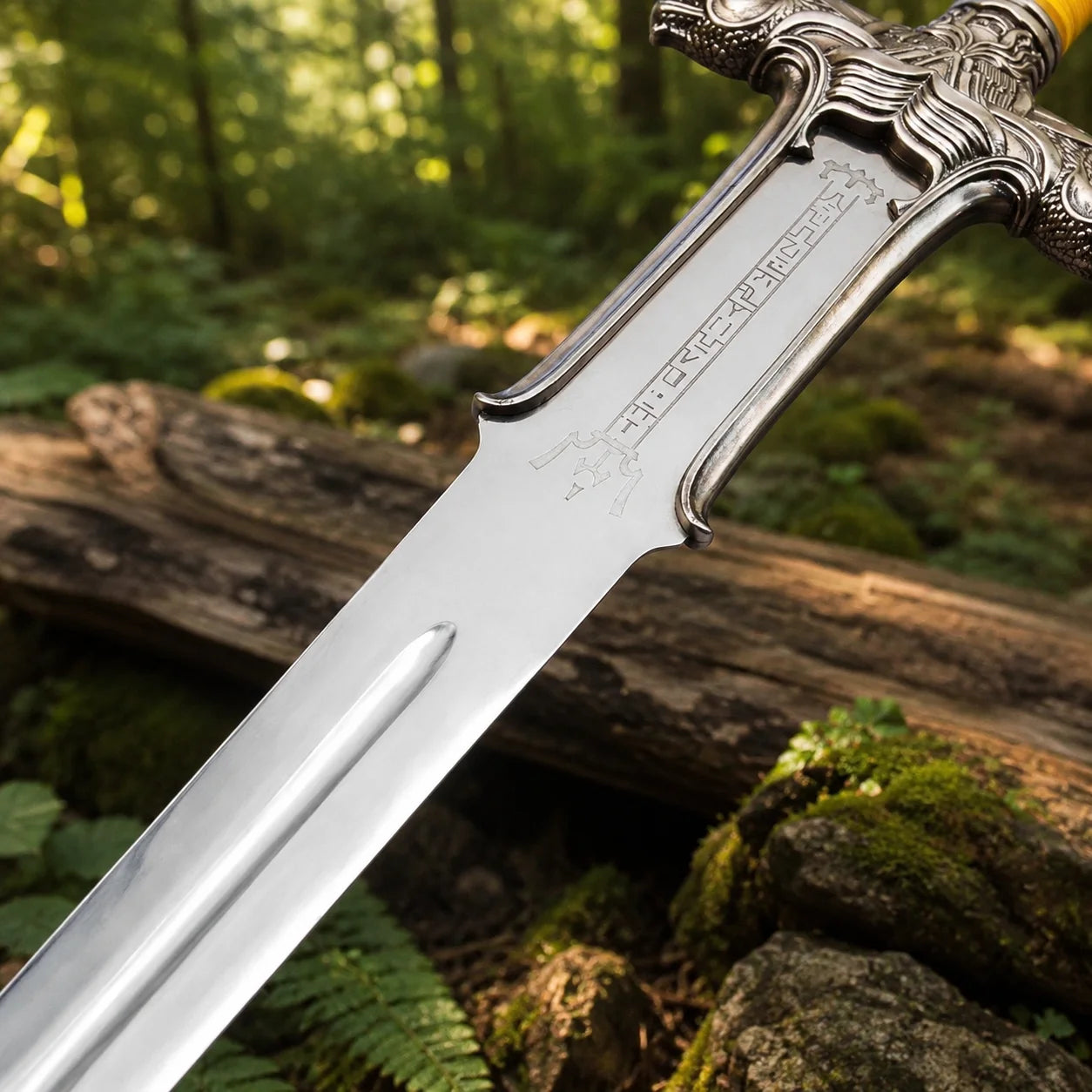 Conan Atlantean sword prop replica upright hero shot propped on mossy rocks in sunlit fern forest showing full polished silver blade with central fuller runic engravings ornate dragon crossguard yellow cord grip and skull pommel – Conan fan gift