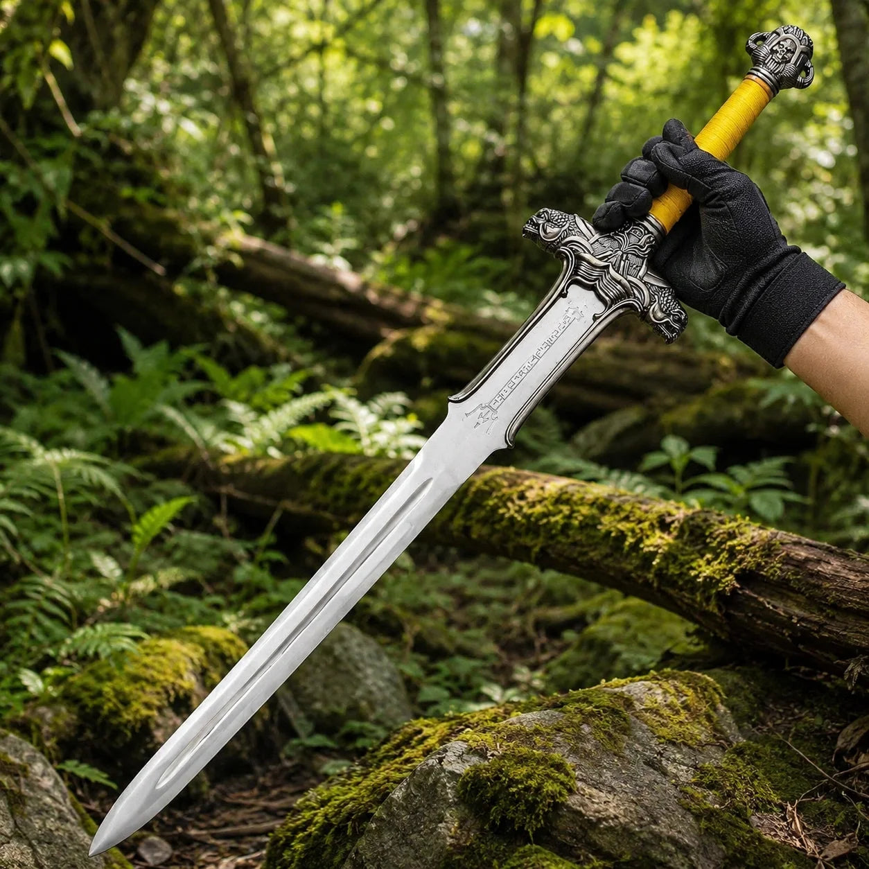Conan Atlantean sword prop replica alternate full length view on mossy rocks in sunlit forest showing complete polished silver blade with runic engravings ornate dragon crossguard yellow cord grip and ornate silver skull warrior face pommel – Conan Barbarian collectible