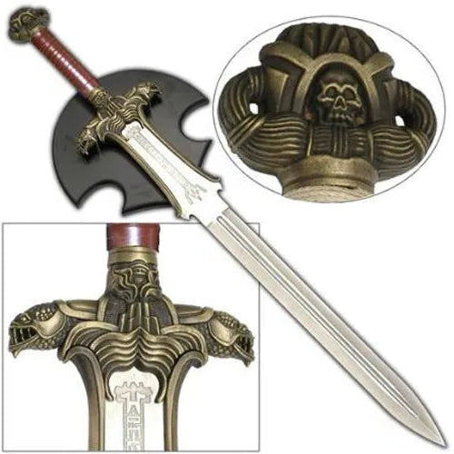 Burgundy cord-wrapped handle and antiqued skull pommel on barbarian replica