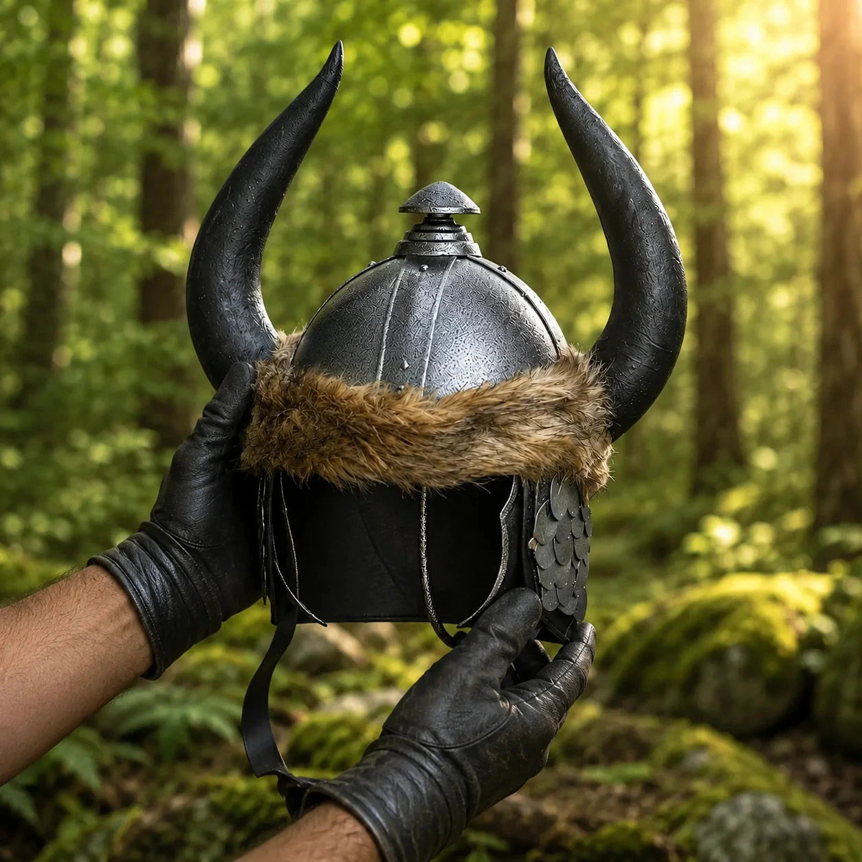 Conan the Barbarian helmet prop replica held in two gloved hands in sunlit forest showing full dark gunmetal hammered dome with curved black bull horns conical top finial faux fur brim trim and scale mail cheek guards – Conan cosplay prop