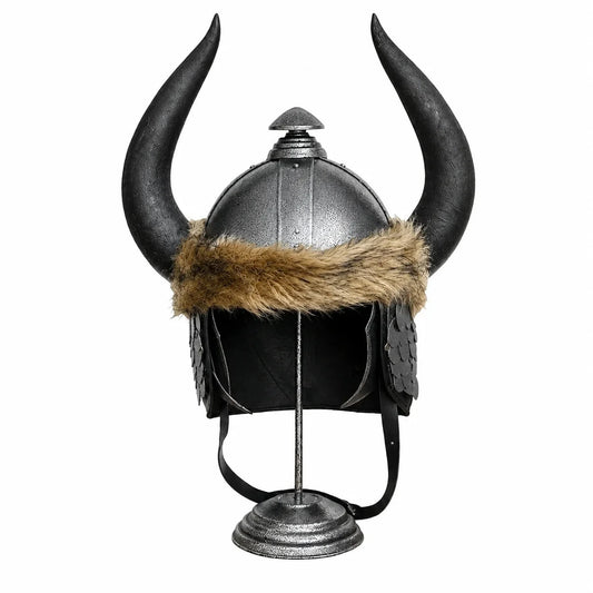 Conan the Barbarian helmet prop replica white background full product shot on free silver display stand showing dark gunmetal dome curved black bull horns faux fur brim trim and scale mail cheek guards – Conan display collectible