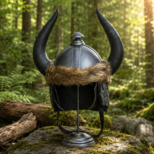 Conan the Barbarian helmet prop replica on free silver display stand on mossy rock in sunlit forest showing dark gunmetal hammered dome curved black bull horns warm faux fur brim trim and dark scale mail cheek guards – Conan Barbarian fan gift