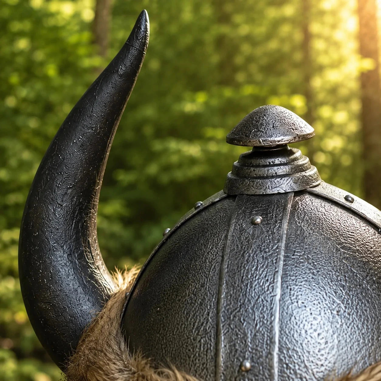 Conan the Barbarian helmet prop replica close-up of curved black bull horn tip and conical top finial with layered decorative rings on dark gunmetal hammered steel-finish dome in sunlit forest – Conan the Barbarian collectible