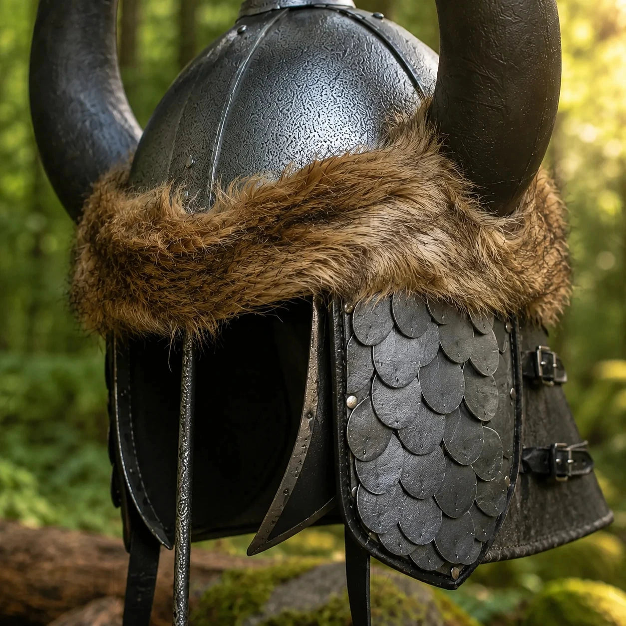Conan the Barbarian helmet prop replica close-up of dark black overlapping fish-scale cheek guards with adjustable buckle straps warm faux fur brim trim and black leather chin strap in sunlit forest – Conan Barbarian collectible