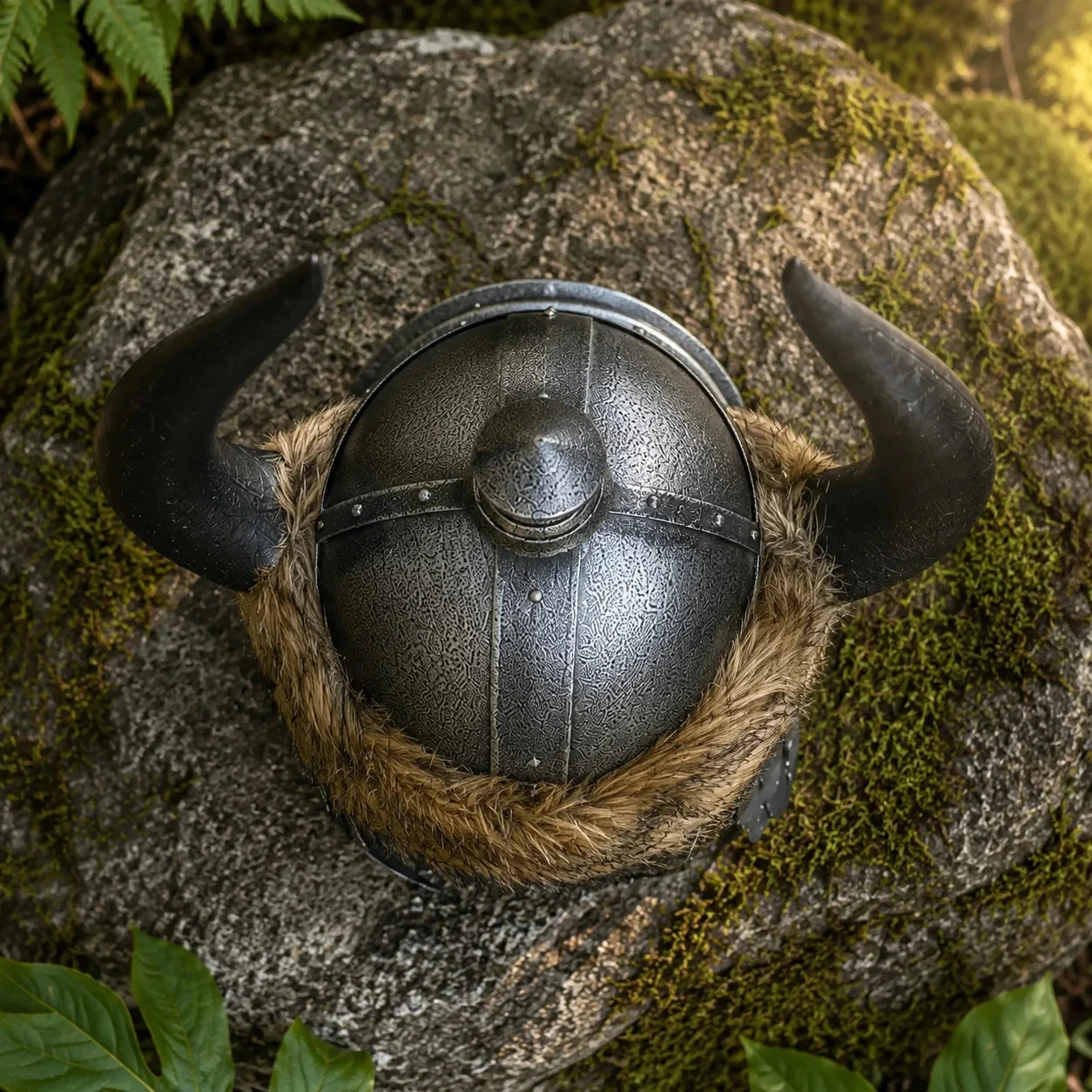 Conan the Barbarian helmet prop replica top-down view on mossy rock showing dark gunmetal hammered dome with central ridge decorative rivets curved black bull horns and warm faux fur brim trim – Conan Barbarian display collectible