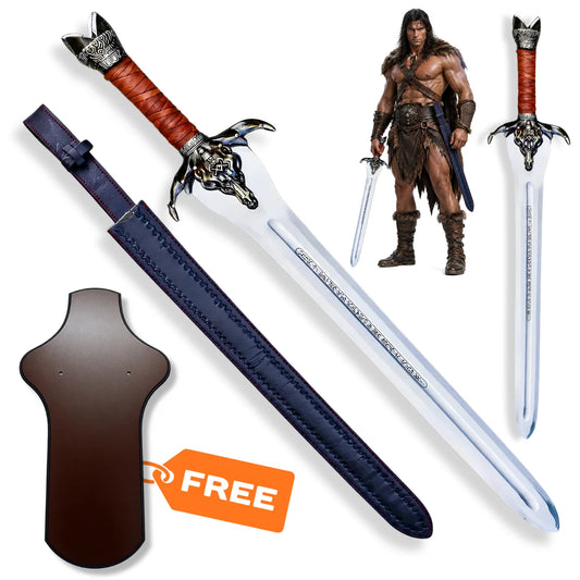 Conan Father's sword prop replica with engraved silver blade, yellow wrapped handle, black sheath and display plaque