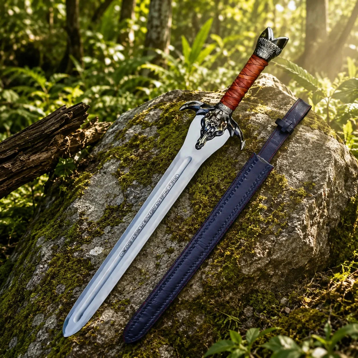 Conan Father's sword prop replica alternate full length view on mossy rock in sunlit forest showing complete polished silver blade with runic engravings dark bronze bull skull crossguard red leather grip and ornate silver pommel – Conan Barbarian fan gift