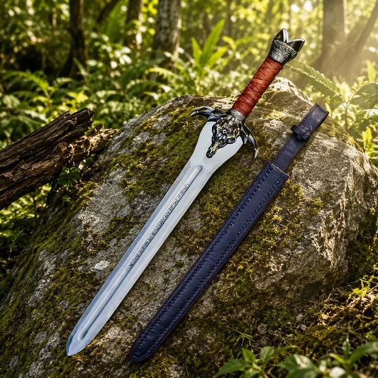 Conan Father's sword prop replica alternate full length view on mossy rock in sunlit forest showing complete polished silver blade with runic engravings dark bronze bull skull crossguard red leather grip and ornate silver pommel – Conan Barbarian fan gift