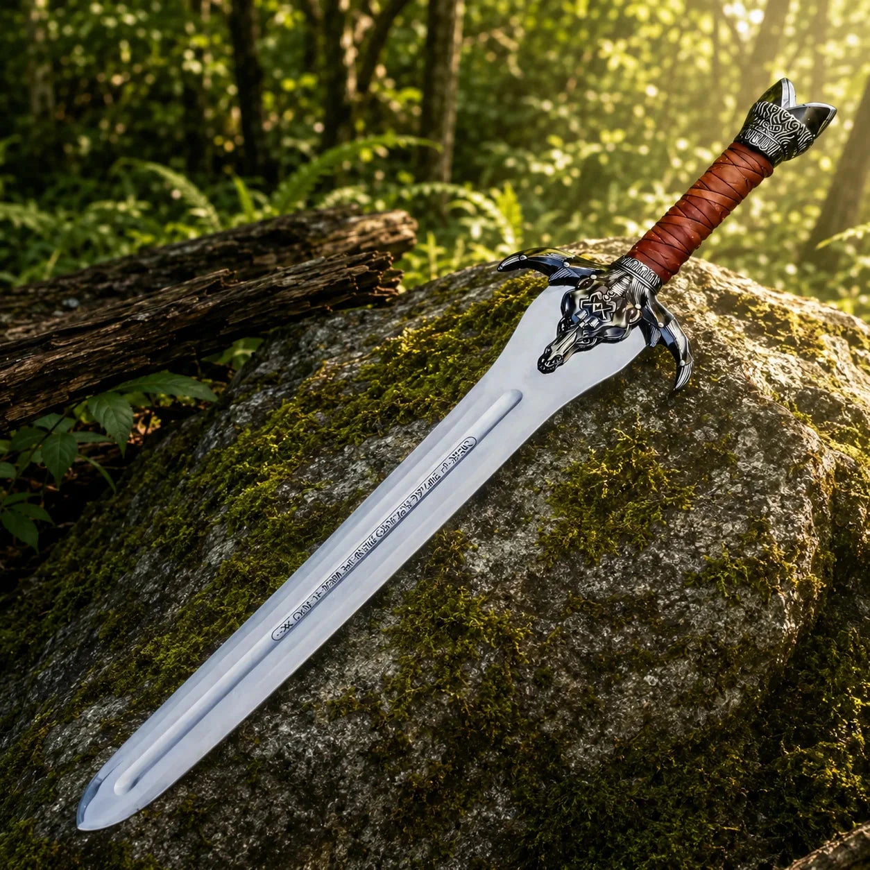 Conan Father's sword prop replica close-up of polished silver blade tip with deep central fuller groove and runic ancient script engravings on mossy rock in sunlit forest – Conan the Barbarian collectible