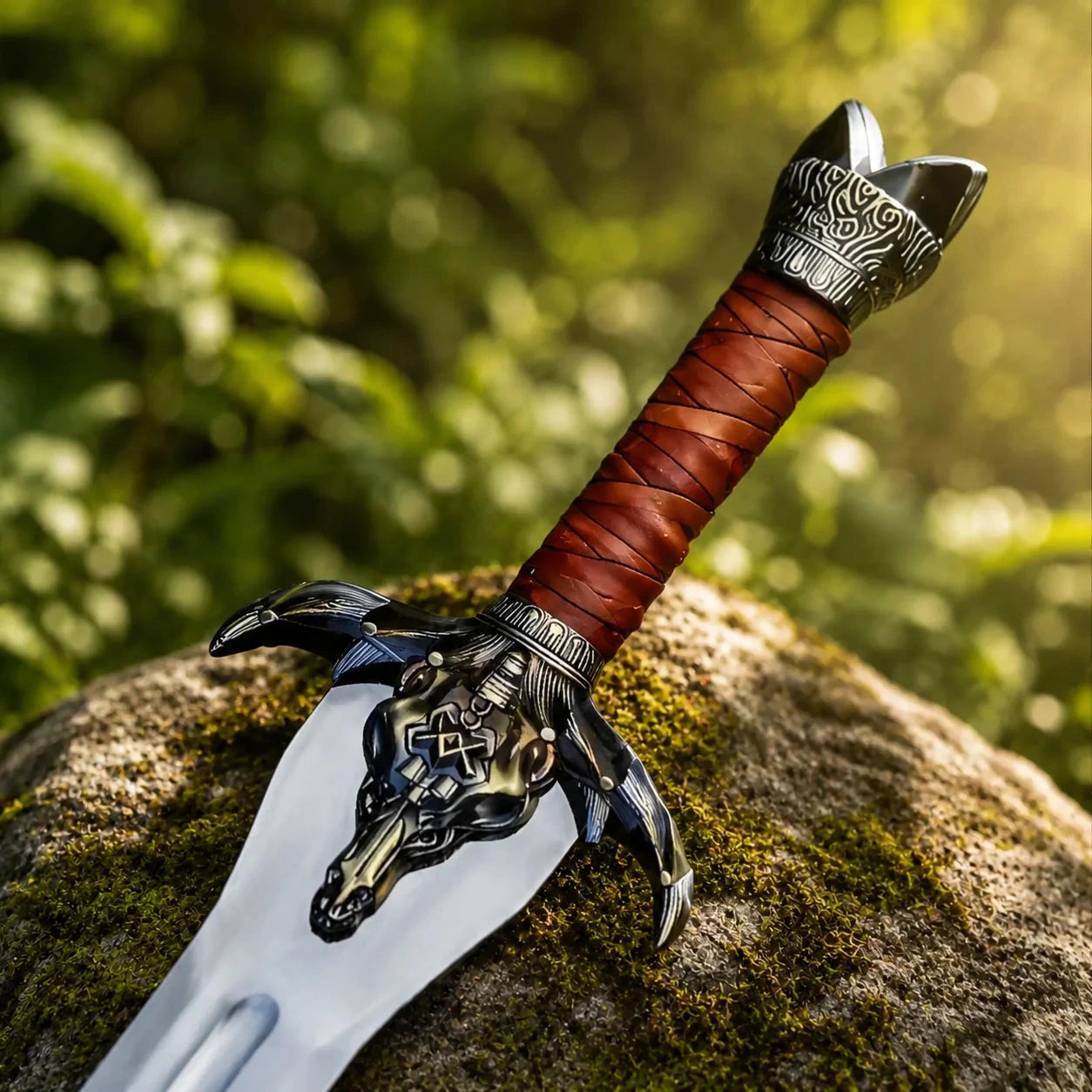 Conan Father's sword prop replica held aloft in gloved hand in sunlit jungle forest showing full polished silver blade with central fuller runic engravings dark bronze bull skull crossguard and red leather cord grip – Conan the Barbarian cosplay prop