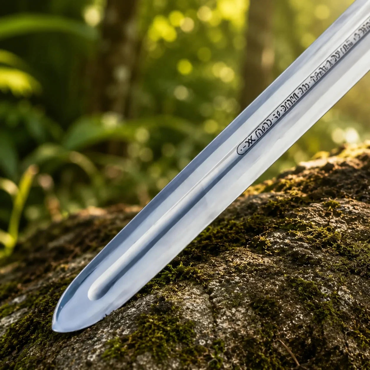 Conan Father's sword prop replica full length flat on mossy rock in sunlit forest side profile hero shot showing complete polished silver blade with central fuller runic engravings bull skull crossguard red leather grip and ornate silver pommel – Conan display collectible