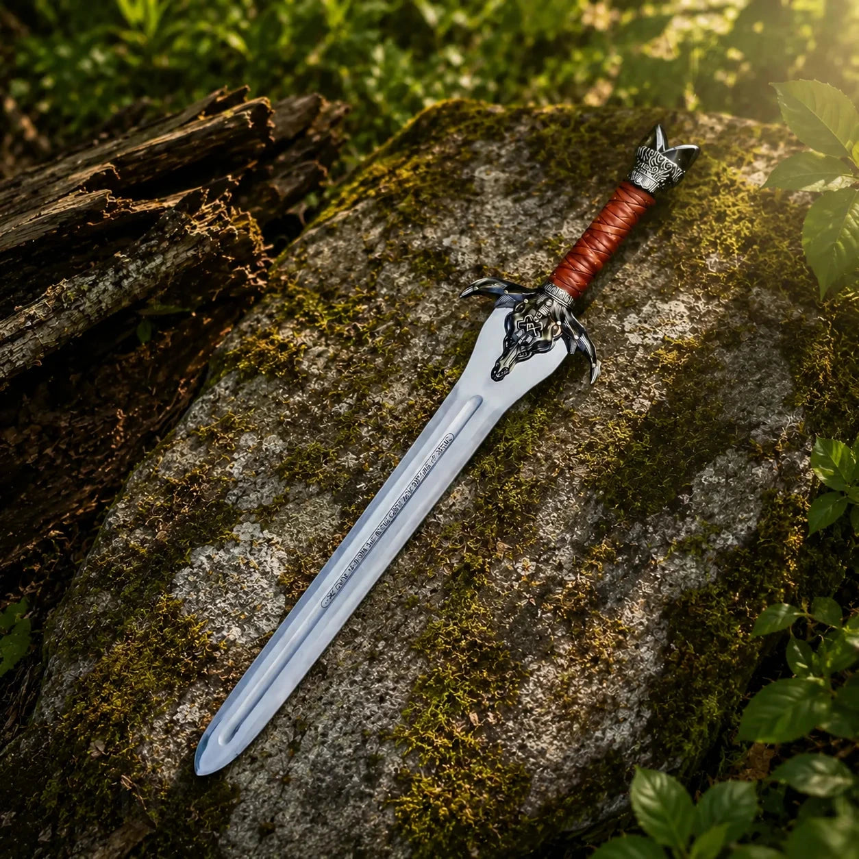 Conan Father's sword prop replica close-up of dark bronze gunmetal bull skull crossguard with curved claw-like quillons red leather cord-wrapped grip and ornate silver scroll pommel on mossy rock in sunlit forest – Conan Barbarian display collectible